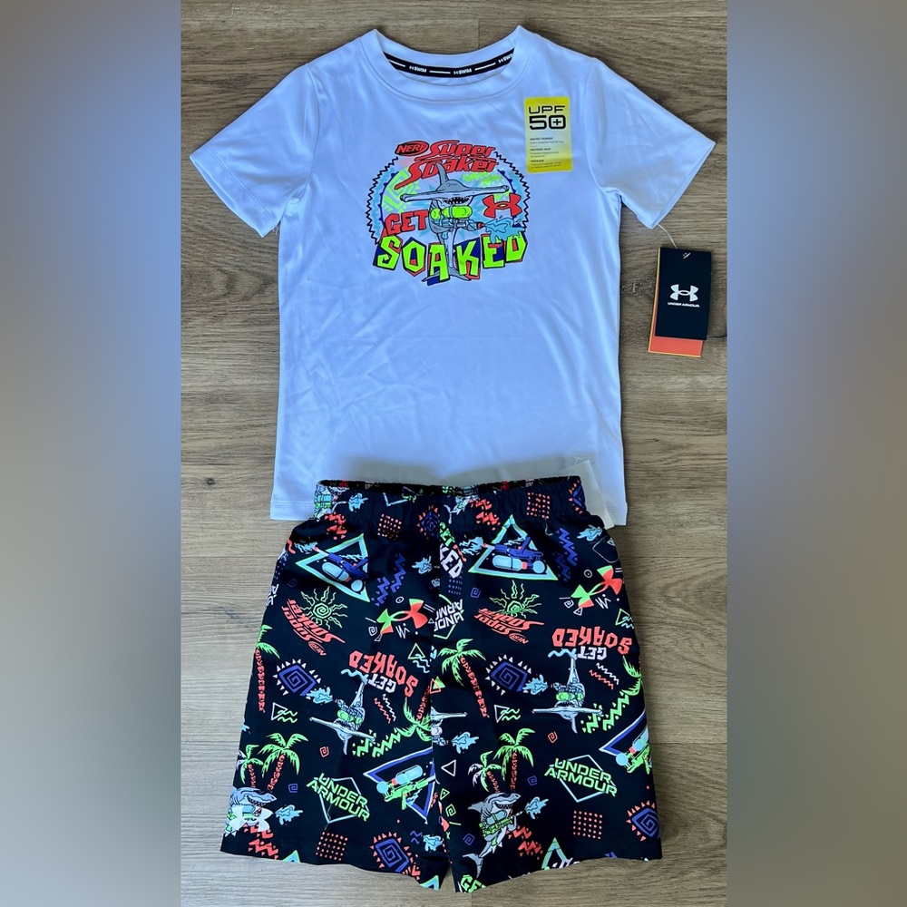 NEW Little Boy Nerf Under Armour Rash Guard & Neon Accent Swim Trunks Set - Picture 2 of 2